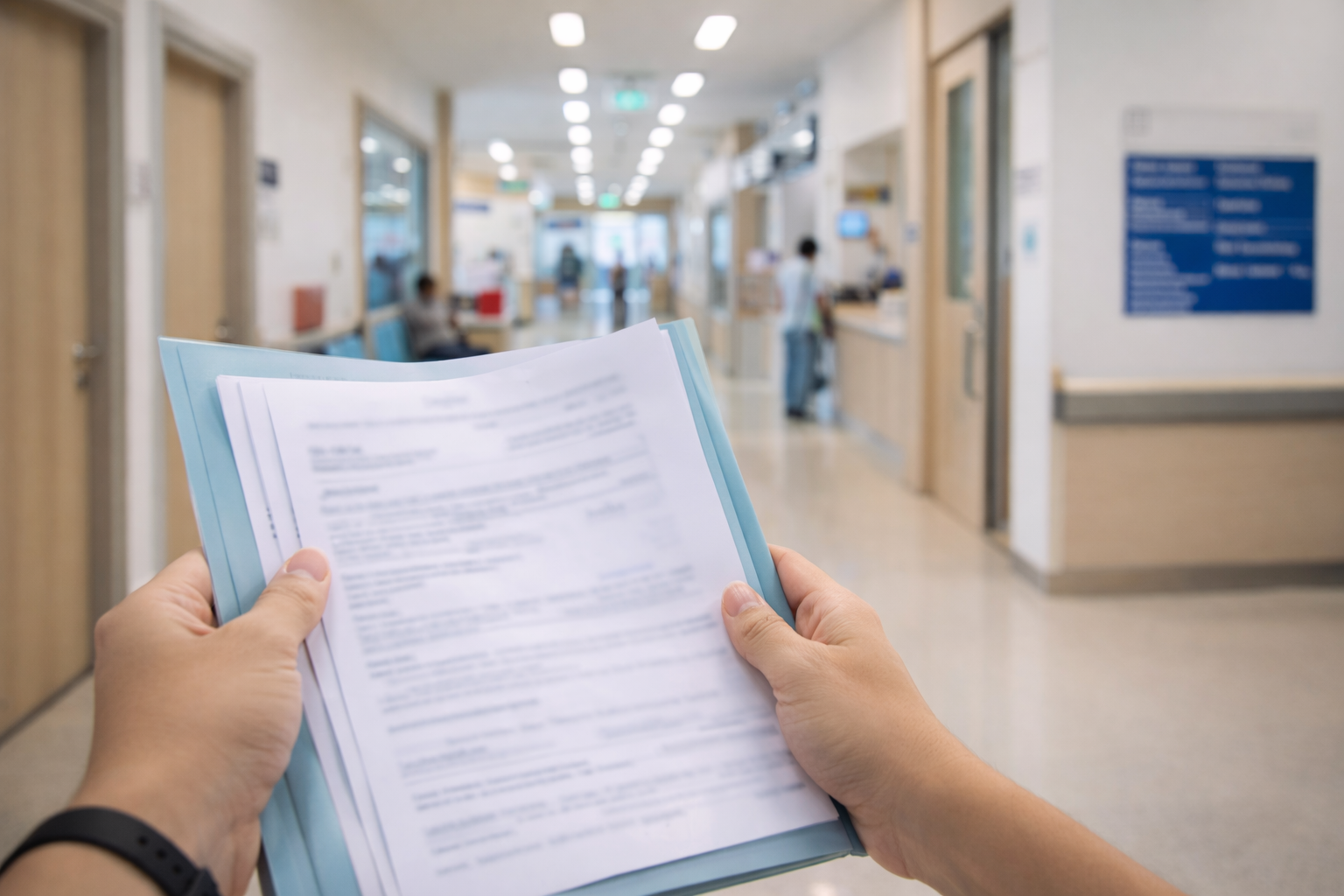 Hospital corridor documents in hand